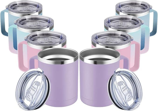 MEWAY 12oz Coffee Mug With Handle 2 Pack Bulk,Stainless Steel Insulated Travel Tumblers With Sliding Lid,Double Wall Vacuum Camping Cup for Hot & Cold Drinks Tea (Bubble Gum&Blue Waves,Set of 8)