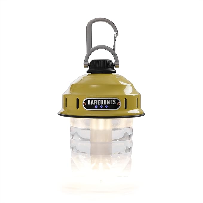 Barebones Beacon Hanging Light – Dusty Yellow, Rechargeable LED Camping Lantern with Adjustable Brightness – Weatherproof Vintage-Style Hanging Lantern for Outdoor Adventures and Year-Round Use