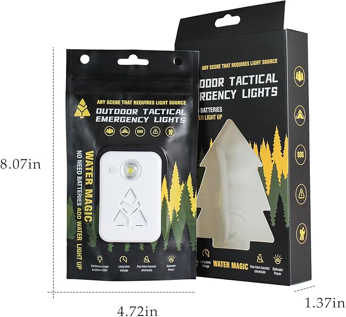 Emergency Tactical Light – No Battery, Water Activated, 120H Runtime, Reusable Salt-Powered LED Lantern for Camping, Survival, Disaster, Can Use Urine or Seawater