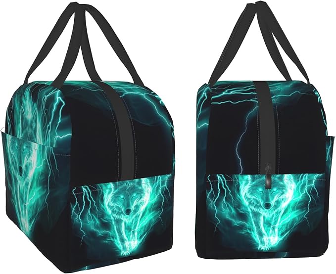 Giwawa Wolf Lunch Bag Fire Animal Print Lightning Insulated Kids Lunch Box Reusable Thermal Cooler Lunch Tote Bag Food Container for Teens Adults Girls Boys School Men Women Travel