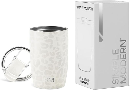 Simple Modern Travel Coffee Mug Tumbler with Flip Lid | Reusable Insulated Stainless Steel Cold Brew Iced Coffee Cup Thermos | Gifts for Women Men Him Her | Voyager Collection | 12oz | Cream Leopard