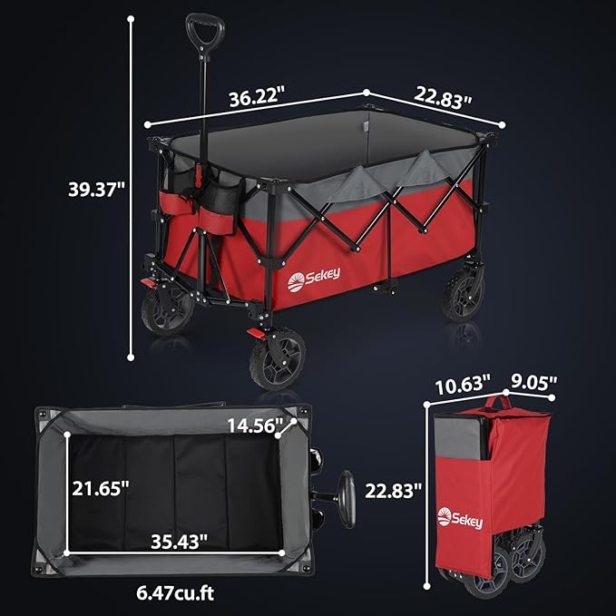 Sekey 220L Collapsible Foldable Wagon with 330lbs Weight Capacity, Heavy Duty Folding Wagon Cart with Big All-Terrain Wheels & Drink Holders (Red&Grey)