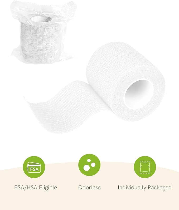 FriCARE Self Adhesive Bandage Wrap, Medical Tape in First Aid Kit, Cohesive Bandages for Wounds Sport Vet, FSA/HSA Eligible, 2 Inches X 5 Yards 6 Rolls, White