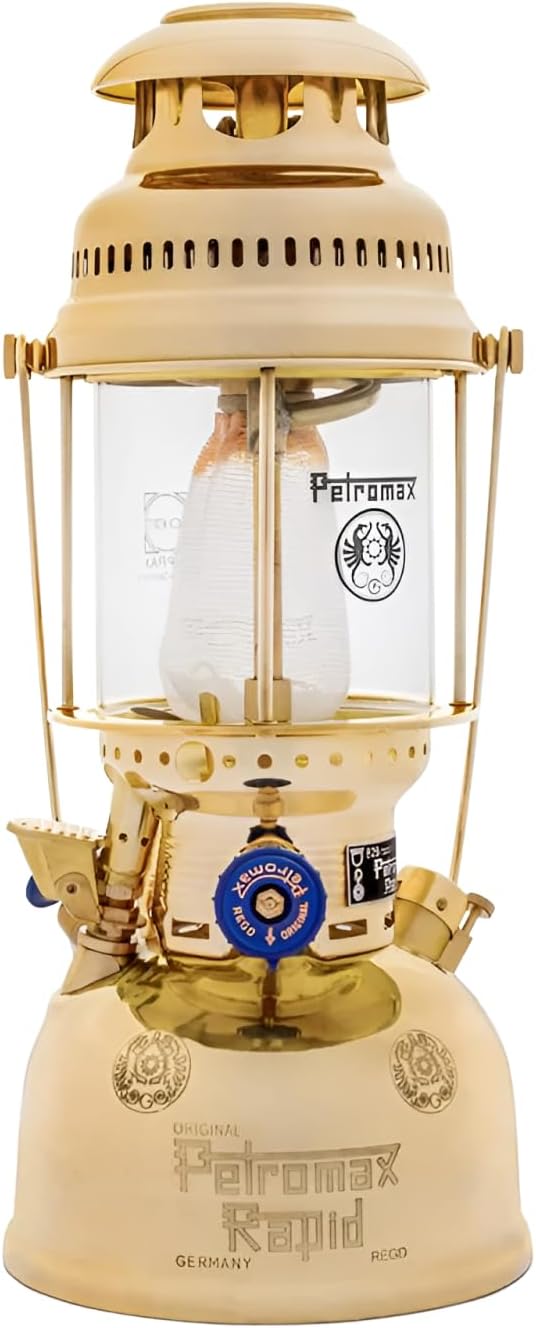 Petromax HK500 Pressurized Lantern, 500 Candlepower with 1 Quart Kerosene Tank for Home, Camping or Emergency Lighting, Hand Assembled High Pressure 400 Watt Lamp, Polished Brass