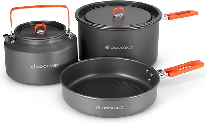 Odoland Camping Cookware Mess Kit, Camping Cooking Pot Fry Pan and 1.1L Kettle Set, Portable Camping Cookware Set with Mesh Bag for Camping, Backpacking, Outdoor Cooking and Picnic