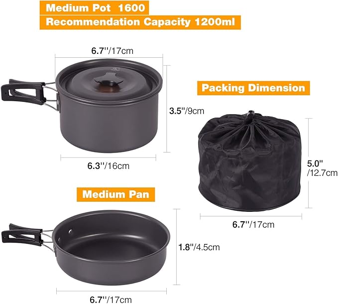 REDCAMP 12/14/15/19 PCS Camping Cookware Mess Kit Camping Gear Campfire Utensils Lightweight Stackable Pot Pan Bowls Soup Spoon with Storage Bag for Camping, Backpacking, Outdoor Cooking, Picnic