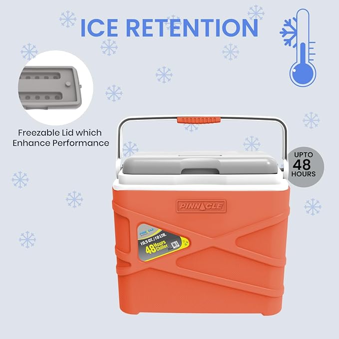 Pinnacle 10 Liter Insulated Cooler Lunch Box -Portable Camping/Picnic Hard Cooler –Coolbox Keeps Cool for 48 hrs. with Ice Retention–Heavy Duty Cooler for Beach, Grill, Travel,Tailgating,Small