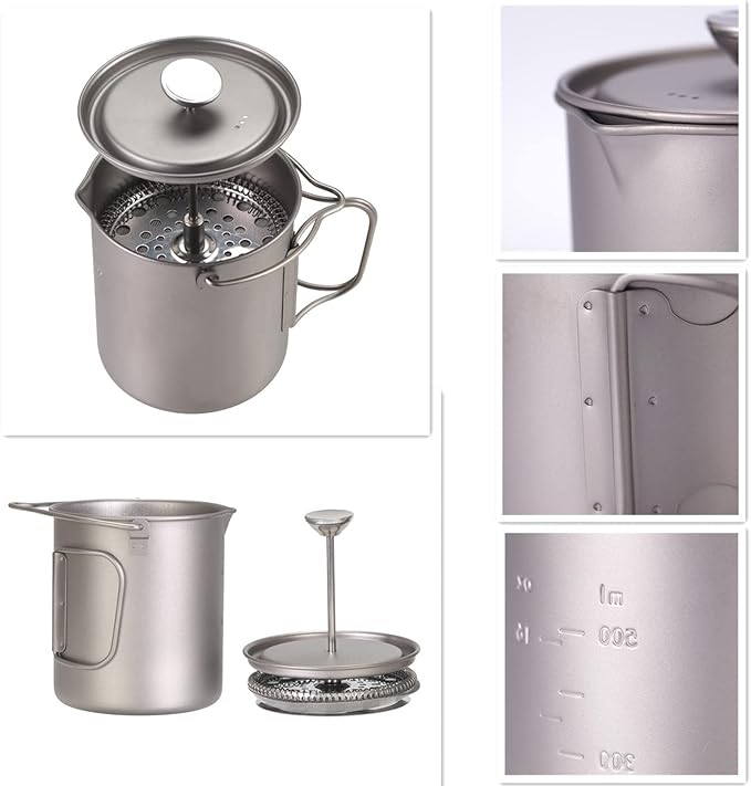 BIVOUAC 750ml Titanium Cup Camping Press Coffee Pot Outdoor French Press Pot Camping Cup 750ml Titanium Coffee Cup