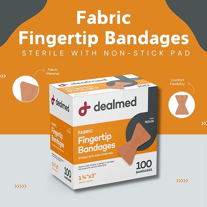 Dealmed Fabric Fingertip Flexible Adhesive Bandages – 100 Count (12 Pack) Bandages with Non-Stick Pad, Latex Free, Wound Care for First Aid Kit, 1-3/4" x 3"