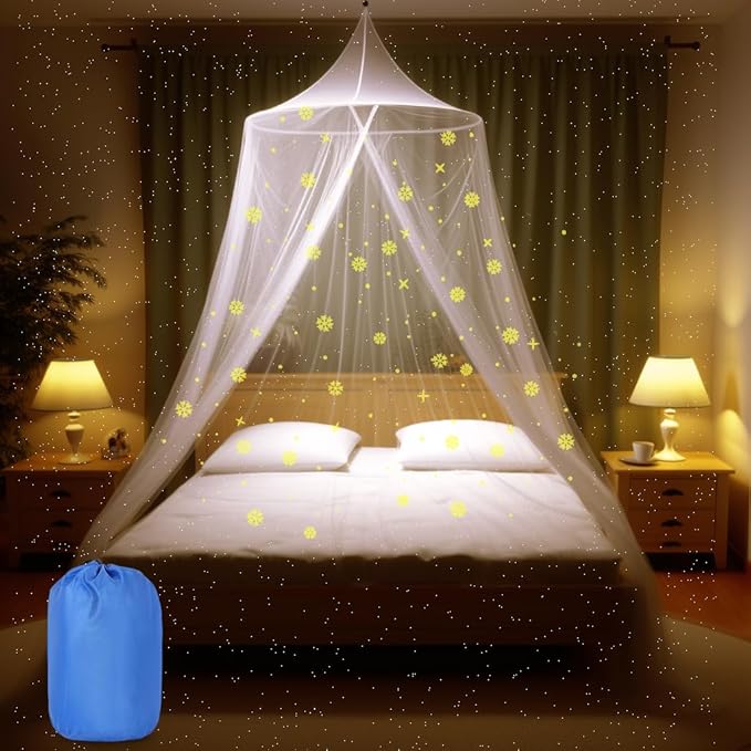 Mosquito Net for Bed, Large White Bed Canopy for Girls, Hanging Bed Net, Ideal for Bedroom Decorative, Travel with Storage Bag (Snowflake)