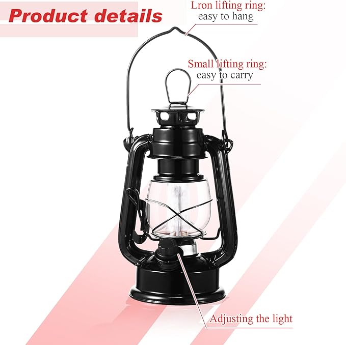 Hortsun 16 Pcs Black Vintage LED Camping Lanterns Warm LEDs and Dimmer Switch Battery Operated Metal Hurricane Farmers Hanging Lantern for Indoor Outdoor Usage Decor (8 Inch)