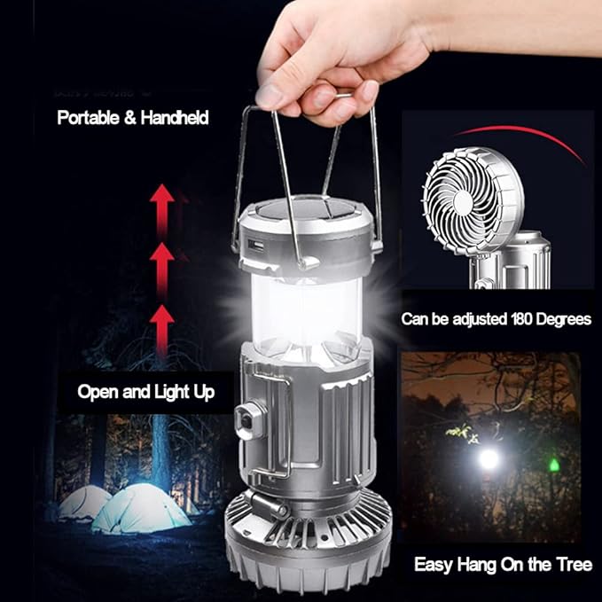 Solar Camping Lantern with Fan,Rechargeable Camping Fans Charging for Phone, Battery Operated Light for Hurricane Power Outage Tent Emergency Camping Gear Must Haves