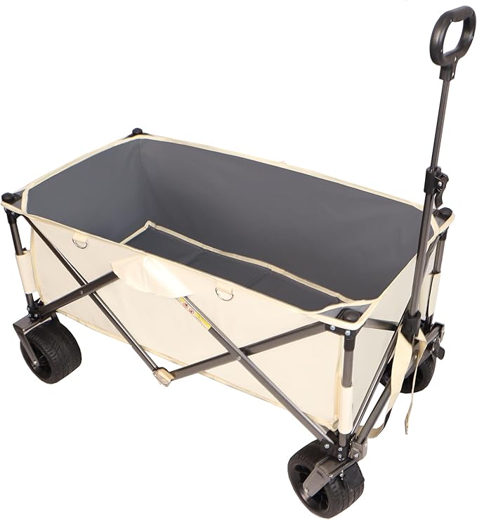 Collapsible Folding Wagon with Big Wheels,Heavy Duty Utility Beach Buggy Cart w/Adjustable Handle and Drink Holder,for Sand,Shopping,Camping,Garden,Outdoor,38",White