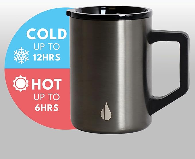 Elemental Insulated Coffee Mug - Triple-Wall Stainless Steel Summit Travel Cup for Hot and Cold Drinks - Thermal Coffee Mug with Lid and Handle for Camping, Office & Travel 16oz - Gunmetal
