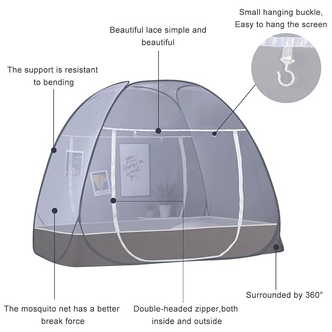 AMMER Portable Mosquito Net Tent for Beds, Pop-Up Foldable Mosquito Netting Folding Design with Net Bottom,2 Entries,Suit for Twin to King Size Bed (79x71x59inch)