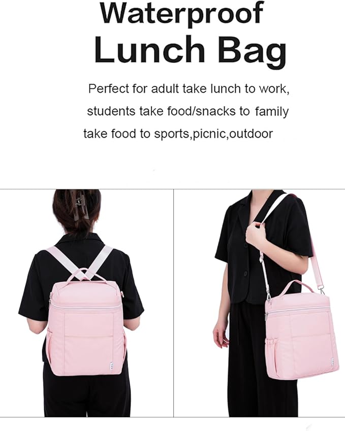 NOL Natural Organic Lifestyle Insulated Lunch Bags for Women Cooler Bag Lightweight Nylon Waterproof Lunch Box For Work (Pink, Large)