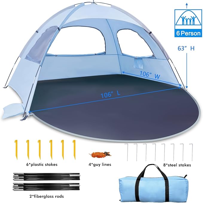 WhiteFang Beach Tent Anti-UV Portable Sun Shade Shelter for 3/4/6/8 Person, Extendable Floor with 3 Ventilating Mesh Windows Plus Carrying Bag, Stakes and Guy Lines