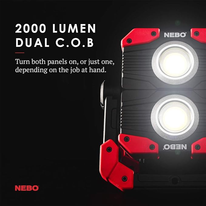 NEBO OMNI 2K Rechargeable Work Light | 2000 Lumens COB, 6 Light Modes, Rotating Magnetic Handles, Built-In Power Bank, Water Resistant, Portable Camping Lantern, Includes USB-C Charging Cable