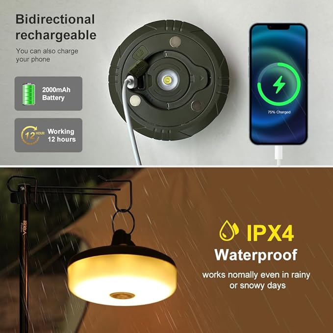Camping String Lights - 4 in 1 Outdoor Lights with 8 Lighting Modes, USB Charge & Battery Indicator, Durable & Waterproof for Camping Yard Hiking, Portable & Easy-to-Store (32.8ft)