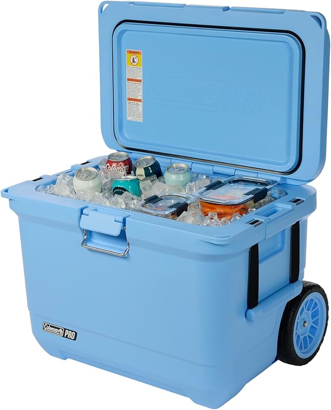 Coleman Pro 55qt Wheeled Ultra-Light Premium Hard Cooler, Extra-Thick Insulation Keeps Ice up to 5 Days, 92-Can Capacity, Heavy-Duty Wheels