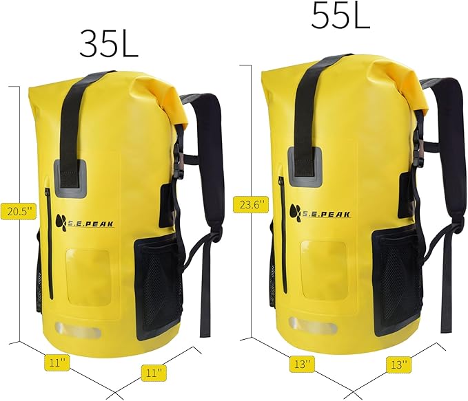 SEPEAK 55L Waterproof Marine Dry Bag, Roll Top Backpack, Heavy Duty Dry Sack for Kayaking, Boating,Swimming,Diving,Surfing,Rafting,Fishing,Camping,Hiking,with Reflective Strip,Yellow