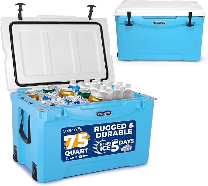SereneLife Ultra-Tough 75 Quart Rotomolded Cooler Box with Wheels, Holds Upto 104 Cans, Keeps Ice Up to 5 Days, Heavy-Duty Insulated Portable Ice Chest Box, Ideal for Camping, Beach, and Outdoors