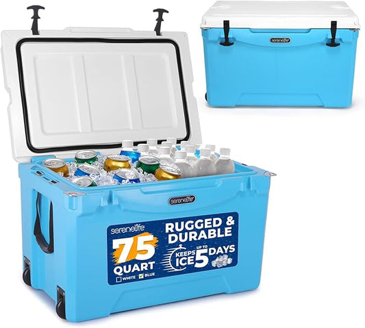 SereneLife Ultra-Tough 75 Quart Rotomolded Cooler Box with Wheels, Holds Upto 104 Cans, Keeps Ice Up to 5 Days, Heavy-Duty Insulated Portable Ice Chest Box, Ideal for Camping, Beach, and Outdoors