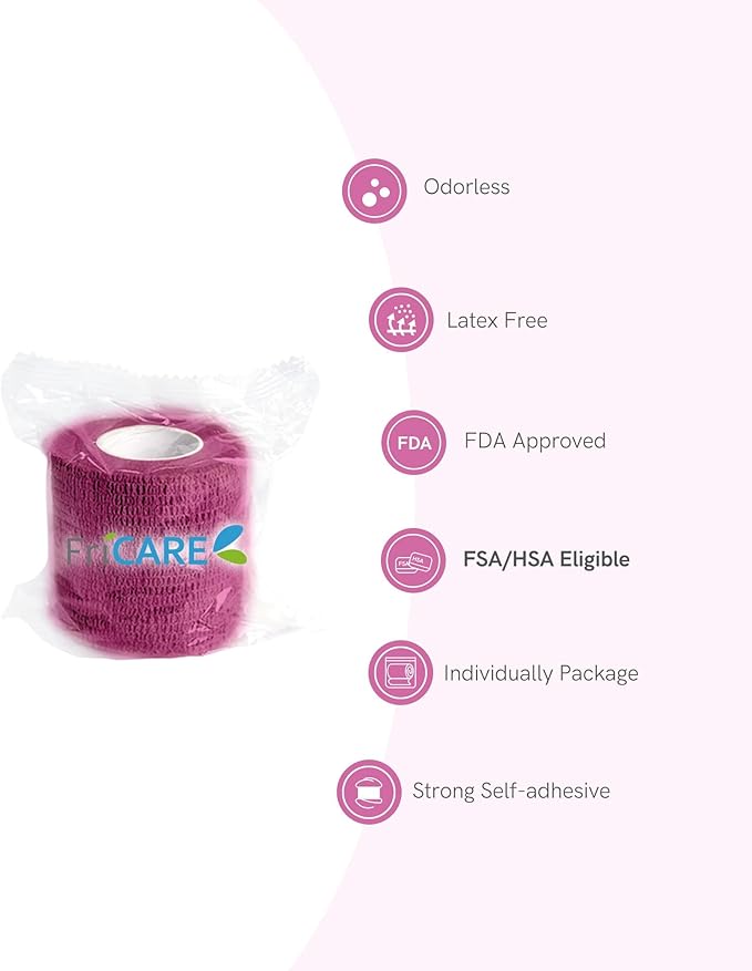 FriCARE Self Adhesive Bandage Wrap, Medical Tape in First Aid Kit, Cohesive Bandages for Wounds Sport Vet, FSA/HSA Eligible, 2 Inches X 5 Yards 6 Rolls, Magenta
