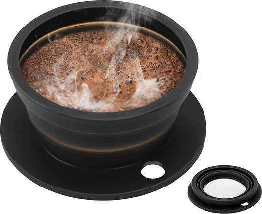 Paperless Collapsible Pour Over Coffee Dripper - Reusable Silicone Coffee Filter Pour Over for Travel and Camping - Single Cup Drip Coffee Maker Pour Over with Metal Mesh Coffee Filter (Black)