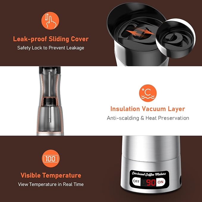 12V Coffee Maker for Car, Portable Coffee Maker with 24V for Truck, Stainless Steel Self-Heating 150ml Car Espresso Machine for Camping, RV, Travel