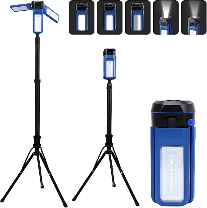 Rechargeable Solar Camping Light with Stand, Portable Cordless Work Light with 3 LED Lamp Heads, 5 Dimmable Lighting Modes, 82" Telescoping Tripod
