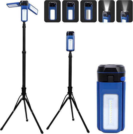 Rechargeable Solar Camping Light with Stand, Portable Cordless Work Light with 3 LED Lamp Heads, 5 Dimmable Lighting Modes, 82" Telescoping Tripod