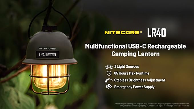 Nitecore LR40 Retro Style Rechargeable Multi Purpose LED Camping Lantern (Green Exterior) with EdisonBright Power Adapter Bundle