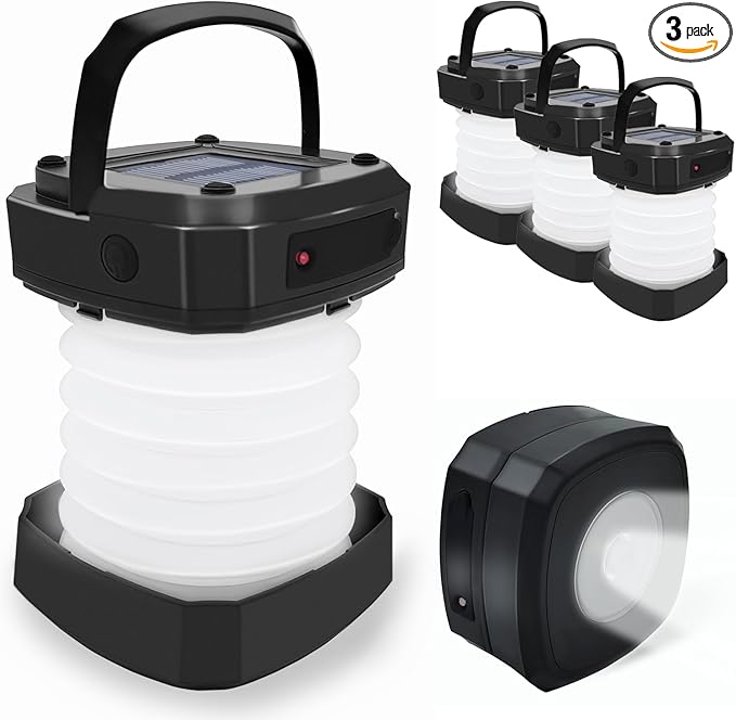 Solar Collapsible Lantern,3-Pack Collapsible LED Camping Lantern,Portable USB Rechargeable Lamp for Power Outages,Emergencies,Hurricanes,Tent Lighting,Hiking,Backpacking Gear(Black)