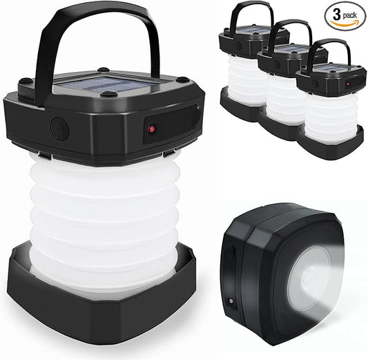 Solar Collapsible Lantern,3-Pack Collapsible LED Camping Lantern,Portable USB Rechargeable Lamp for Power Outages,Emergencies,Hurricanes,Tent Lighting,Hiking,Backpacking Gear(Black)