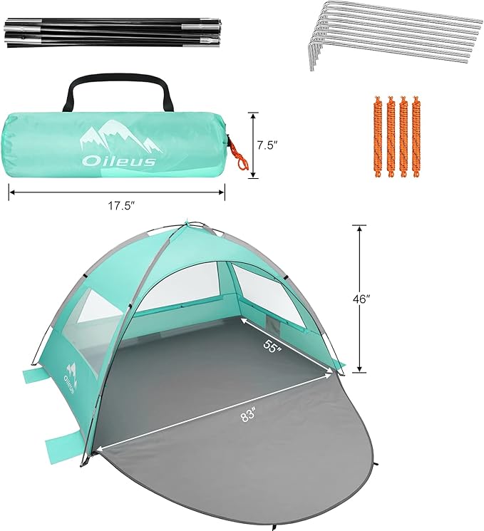 Oileus Beach Tent 2-3 Person Portable Sun Shade Shelter UV Protection, Extended Floor Ventilating Mesh Roll Up Windows Carrying Bag Stakes 6 Sand Pockets Fishing Hiking Camping, Light Green