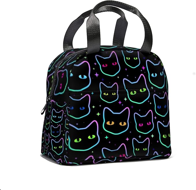 Giwawa Cartoon Black Cats Insulated Lunch Bag for Kids Galaxy Neon Kitten Reusable Lunch Box Colorful Animal Print Thermal Cooler Lunch Tote for Girls Boys School Men Women Office Picnic Camping