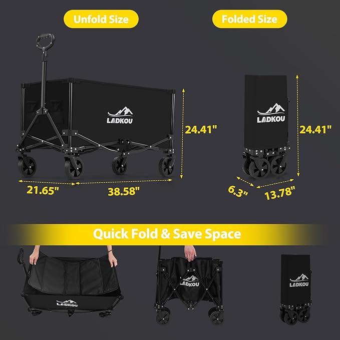 Collapsible Foldable Wagon, Heavy Duty Beach Cart with 140L Capacity and 220LBS Load, Portable Utility Grocery Wagon for Outdoor Camping Garden, Black