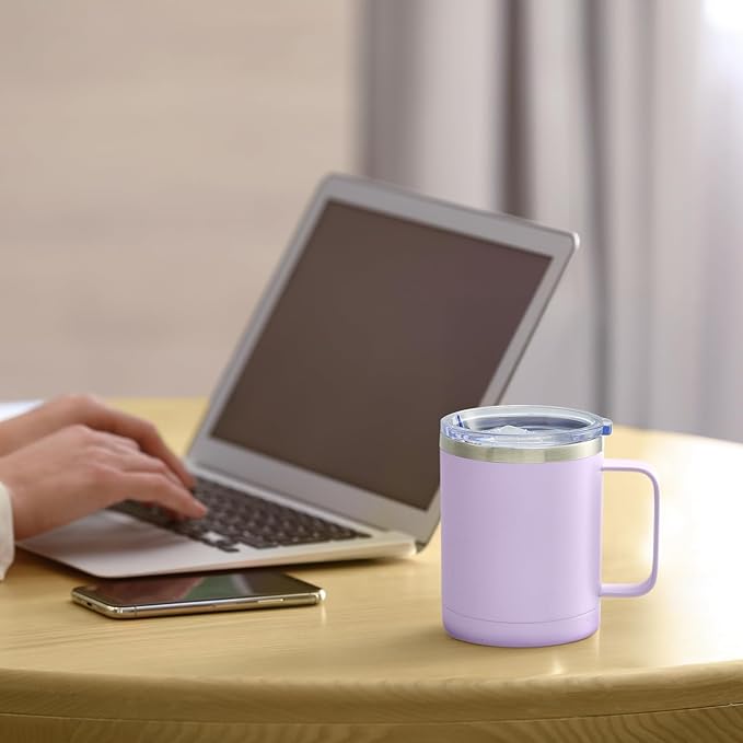 MEWAY 12oz Coffee Mug With Handle 2 Pack Bulk,Stainless Steel Insulated Travel Tumblers With Sliding Lid,Double Wall Vacuum Camping Cup for Hot & Cold Drinks Tea (Lilac&Pink,Set of 2)