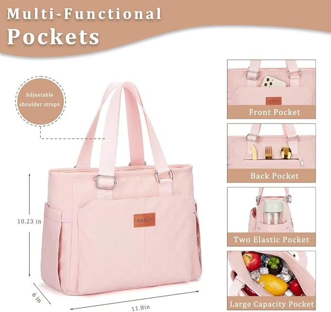 Large Women's Insulated Lunch Bag, Pink, 12L, Reusable, Durable, Adjustable Carrying Options