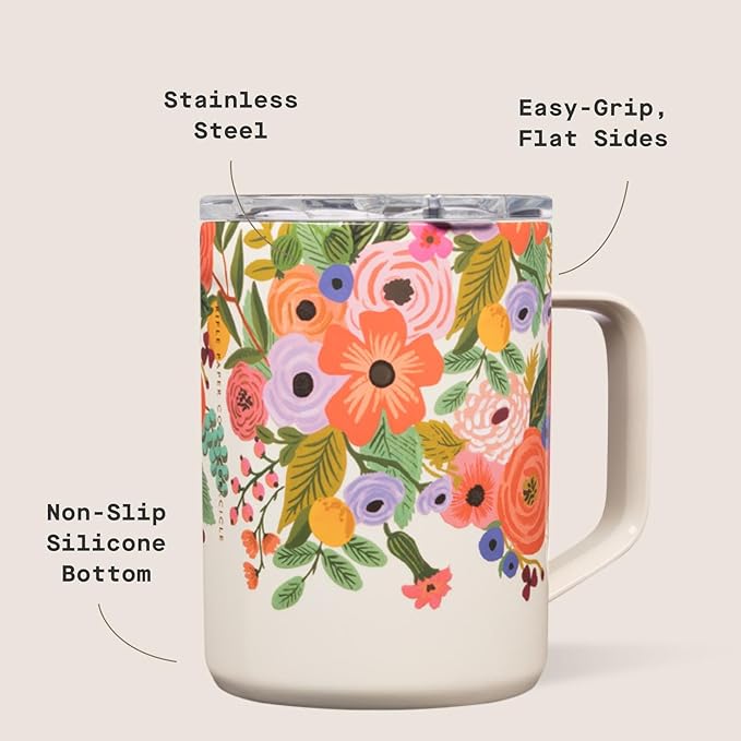 Corkcicle x Rifle Paper Co. Triple Insulated Coffee Mug with Lid & Handle - Keeps Beverages Hot for 3+ Hours - Gift for Mom - Great for Mother's Day or Christmas - 16 oz - Garden Party
