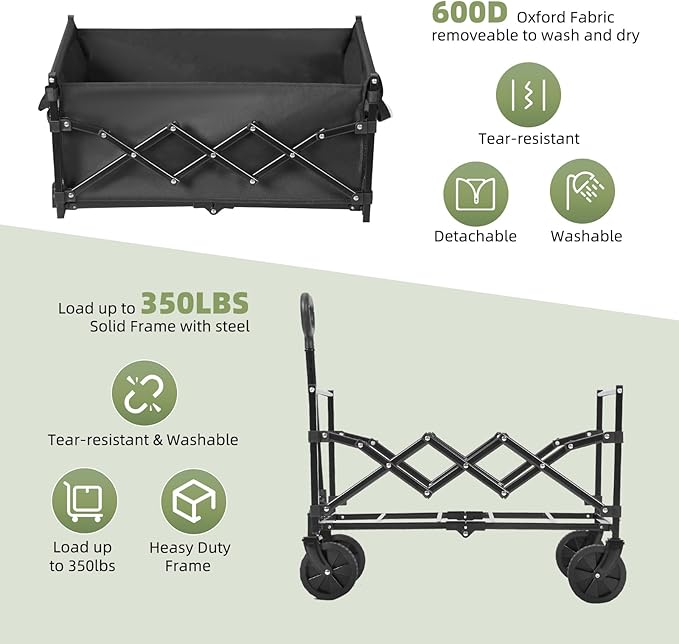 Collapsible Wagon Cart Foldable, 100L Folding Wagon Cart with Wheels, Outdoor Utility Carts with 350lbs Weight Capacity for Grocery Beach Camping Shopping, Black