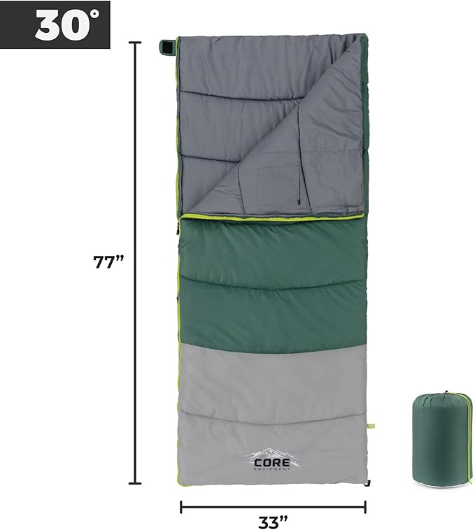 CORE Sleeping Bags for Adults | Lightweight & Compact | Perfect for Indoor or Outdoor Use, Camping, Backpacking, Hiking, & Sleepovers | Ideal for Warm & Cooler 3 Season Weather