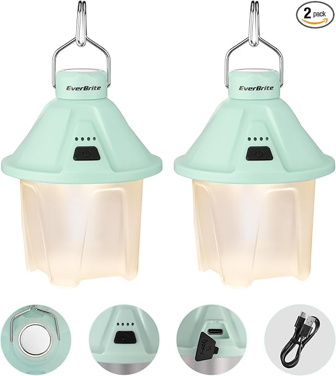 EverBrite 450LM Camping Lantern, USB C Rechargeable Camping Lantern with Magnetic Top&Hanging Hook, 5 Lighting Modes, for Christmas Decorations, Camping, Barbecue, Hiking and Reading, Pack of 2