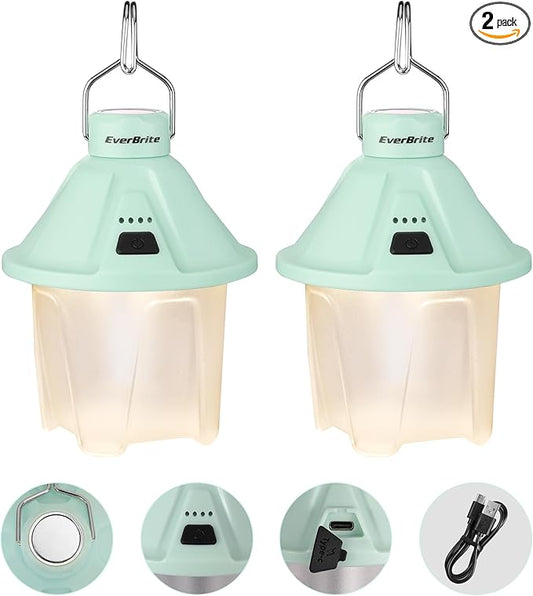 EverBrite 450LM Camping Lantern, USB C Rechargeable Camping Lantern with Magnetic Top&Hanging Hook, 5 Lighting Modes, for Christmas Decorations, Camping, Barbecue, Hiking and Reading, Pack of 2