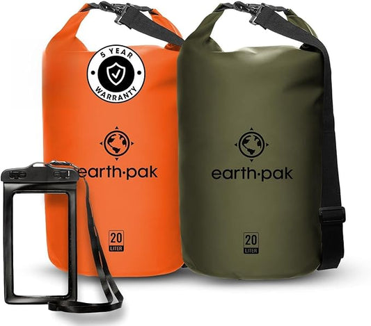 Earth Pak Waterproof Dry Bag - Roll Top Waterproof Backpack Sack (20L Orange & 20L Green)
