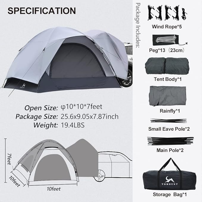 MC TOMOUNT SUV Tent 10ft*10ft*7ft Universal for SUV/CUV/Cars with Rainfly & 2 Doors for Camping Family Camping