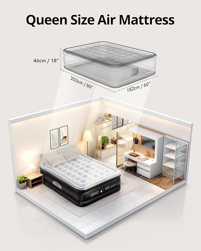 Airefina Air Mattress Queen with Built in Pump, 18 Raised Comfort Blow Up Mattress with Carrying Bag, Portable Inflatable Mattress for Guest Home, Air Bed Colchones Inflables 750 Lbs Max, 80*60*18 in