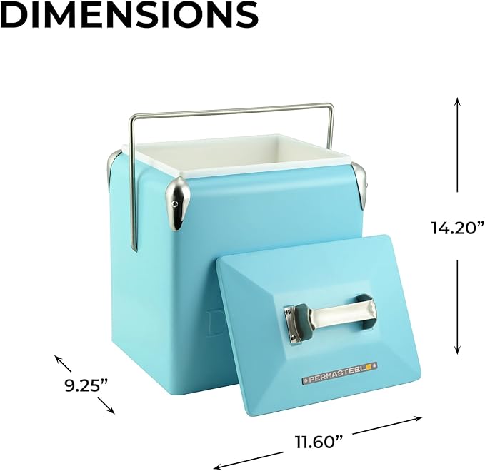 Permasteel 14-Qt Retro Vintage Portable Ice Chest, Hard Metal Personal Cooler for Camping, Beach, Picnic, Classic Style Ice Chest, Turquoise