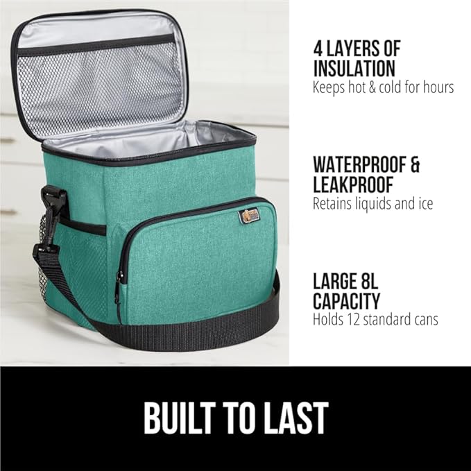 GORILLA GRIP Reusable Insulated Lunch Box Bag for Women Men, Large Leakproof Soft Cooler Bags, Multiple Compartments, Mesh Pockets, Adjustable Strap, Food Tote Keeps Drinks Cold, 8L, 10x9, Turquoise